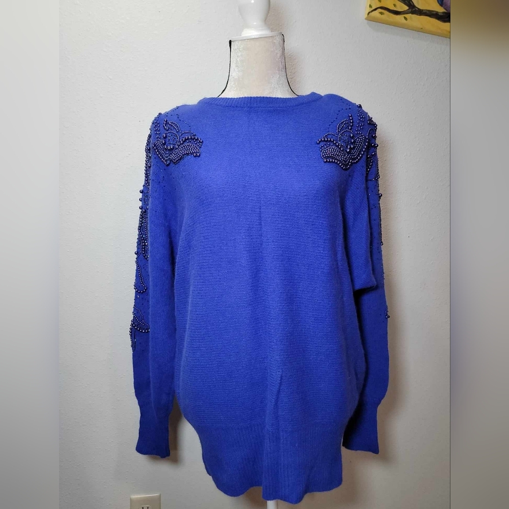 NWT VTG Lambswool Sweater Womens Embellished Beaded Blue 80s 90s Sz L Soft Comfy